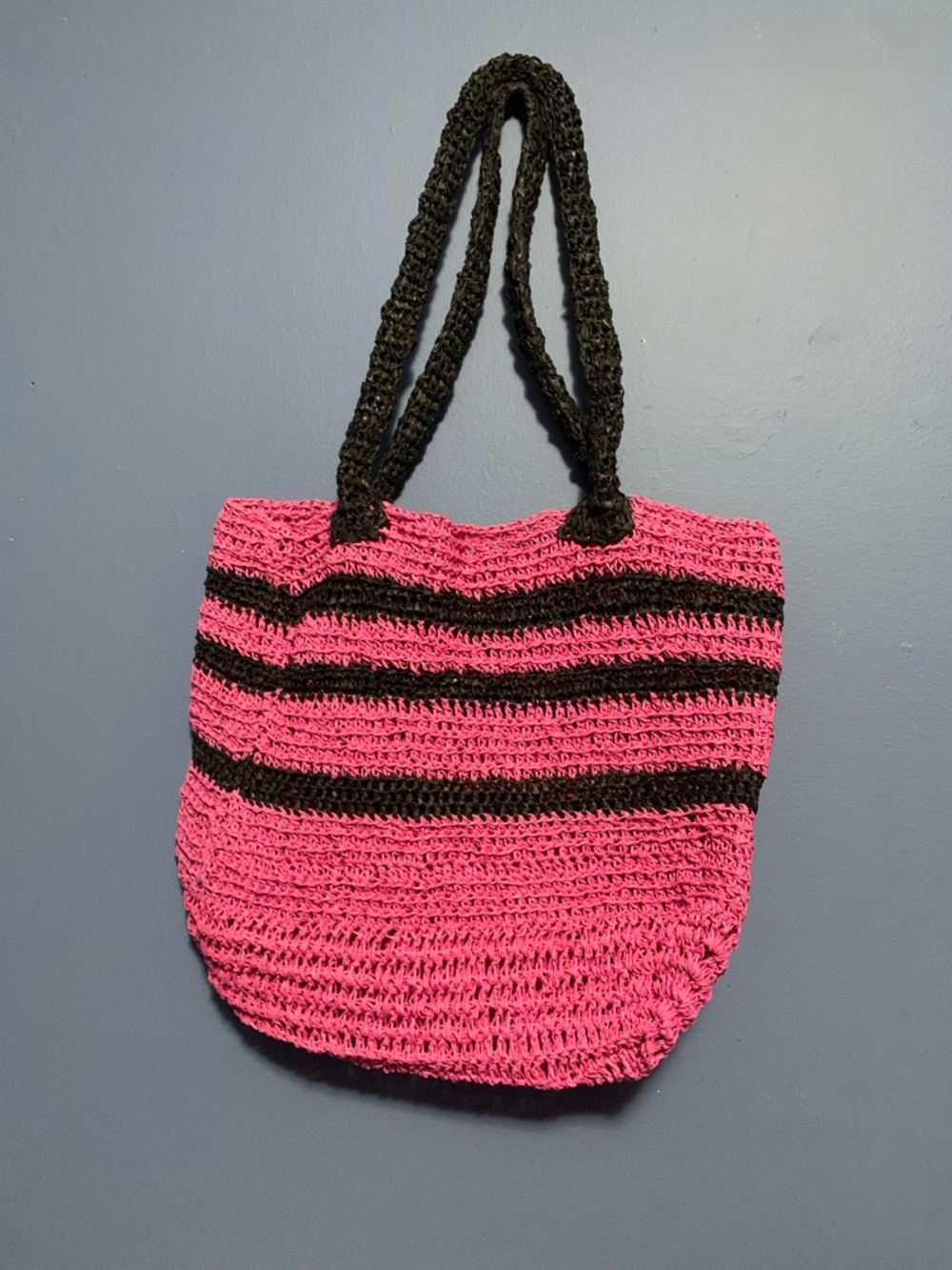 Handwoven Pink & Black Striped Shoulder Tote